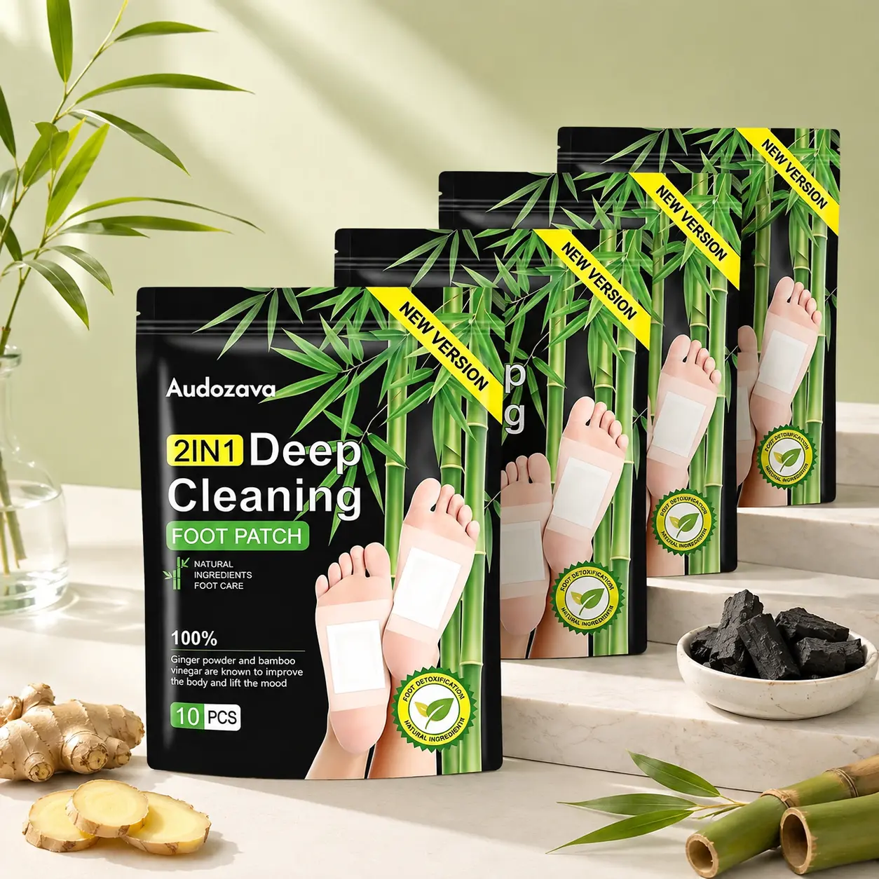 Foot Pads (10/20/40-count packs) – Deep-cleansing bamboo vinegar and ginger powder foot pads; relieve stress, improve sleep, and relax body and mind; deep-cleansing herbal organic bamboo foot pads. Gentle Lightweight