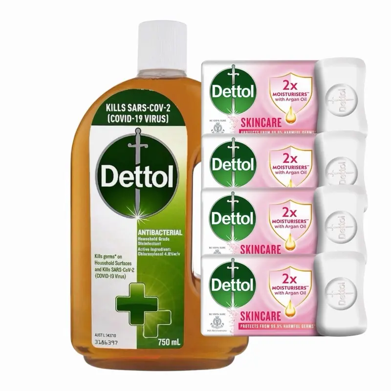 Dettol Original Antibacterial Disinfectant Liquid (750ml) & 4 Skincare Soap Bars, Daily Cleansing Personal Care Set for Intimate & General Hygiene