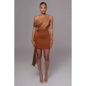 Bronze Asymmetric Drape Mini Dress
