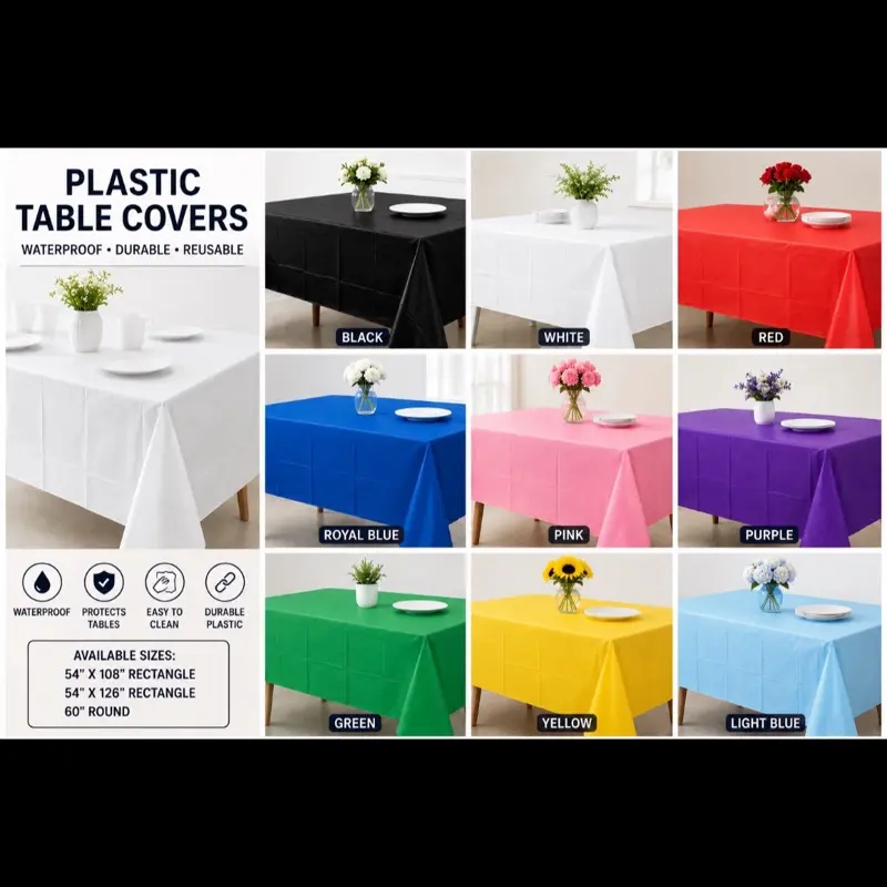 Plastic Table Cover for Parties – Disposable Waterproof Tablecloth, Multiple Colors & Sizes for Birthdays, Weddings and Events