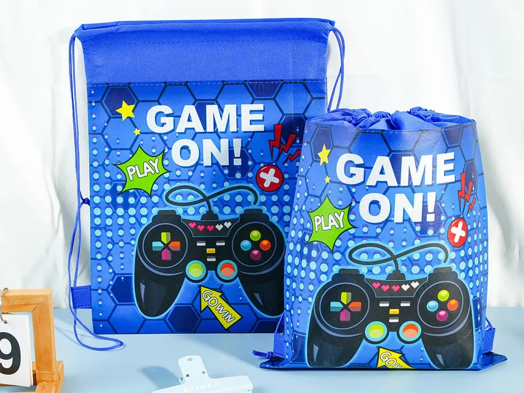 12Pcs Game On Drawstring Party Bags, Gamepad Pixels My World Gift Candy Treat Bags, Game Theme Party Favor Bags for Baby Shower Kids Girls Boys Birthday Party Decorations 10.6 x 13.4 inch