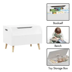Wooden Toy Box with Front Bookshelf Flip-Top Lid Safety Hinge for Kids Room Organization White MDF & Solid Wood 23.62'' W x 15.75'' D x 17.13'' H - Mini