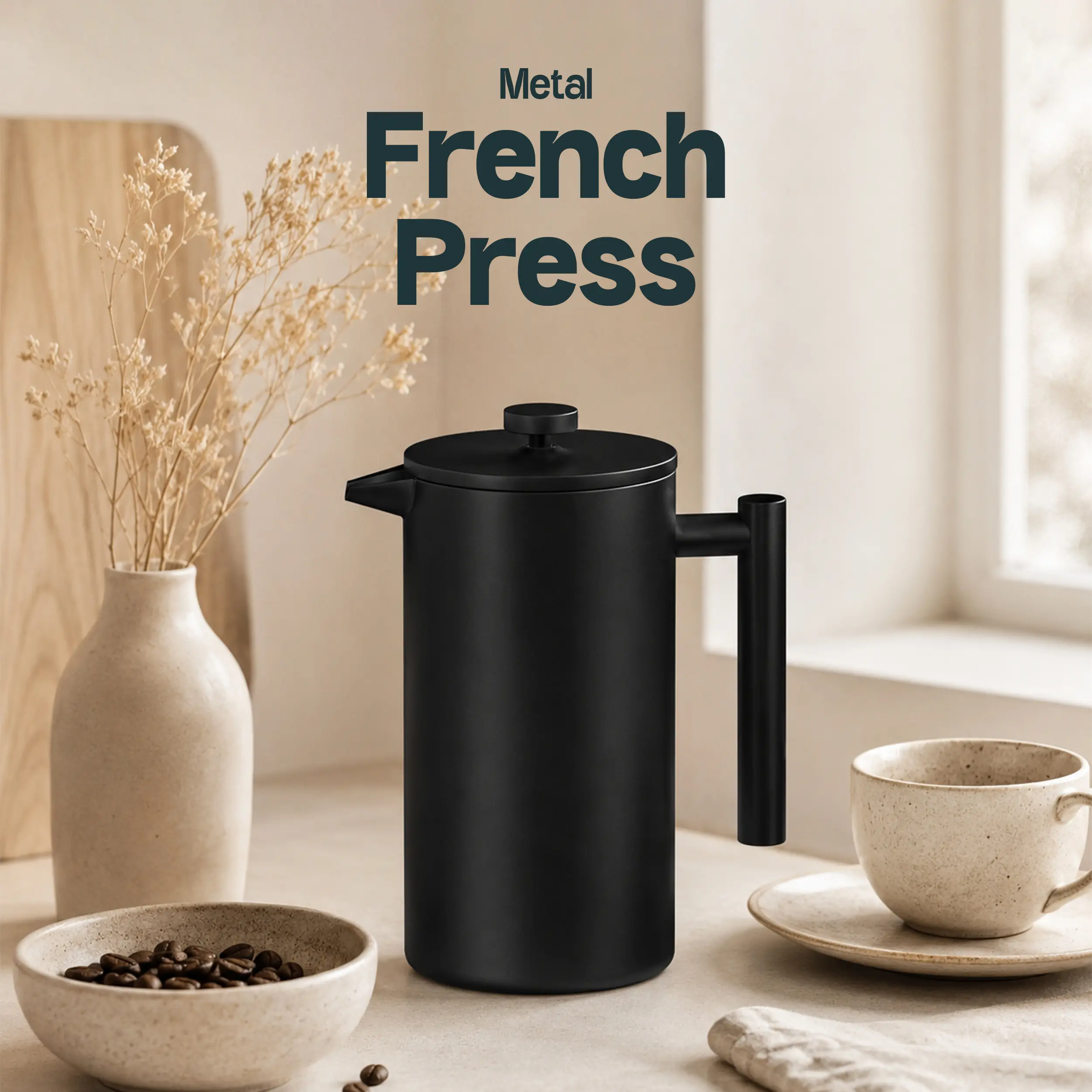Kichly 304 Grade Stainless Steel French Press Coffee Maker - 34oz Double Wall Insulated, 4-Level Filtration, 2 Extra Filters, Rust-Free, Dishwasher Safe, Silver & Black for Home Cafe, Barista Life, Home Coffee Setup, Cylindrical, Campfire / Bbq Party, Tea
