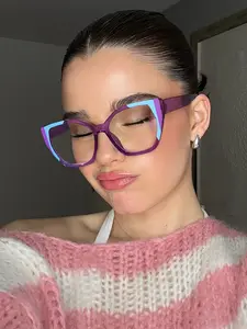 Women's Colorblock Cat Eye Glasses Frame Acrylic Material, Trendy Casual Frames, Anti-Fatigue Anti-Glare, Lightweight for Computer Gaming and Home Office