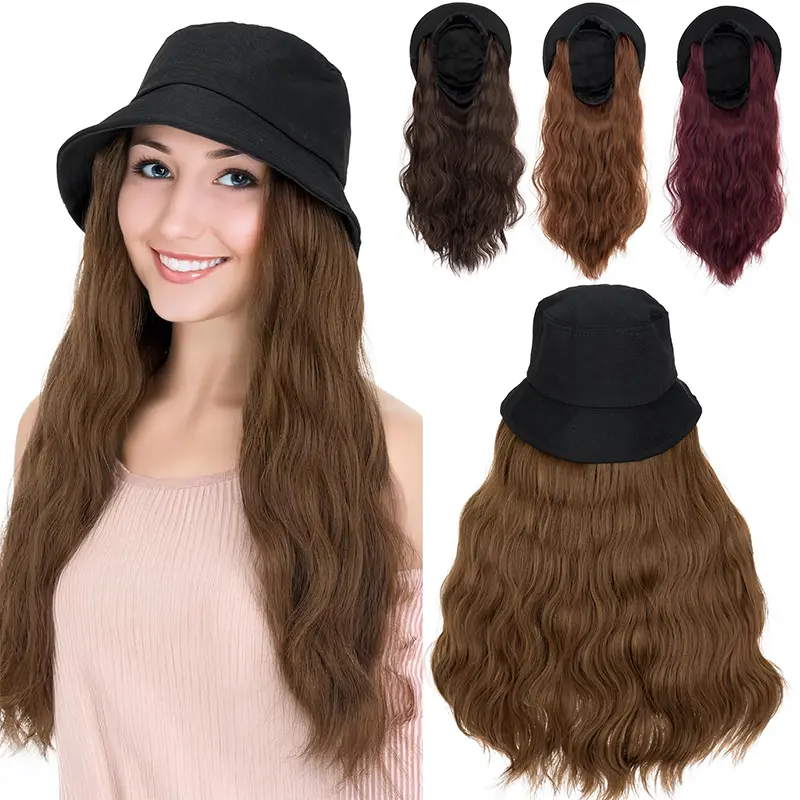 Women's Attached Cap Artificial Wig, 18in Long Wavy Synthetic Hair Bucket Hat, Heat-Resistant Fiber, Multiple Colors, Outdoor Daily Wear Hair Accessory