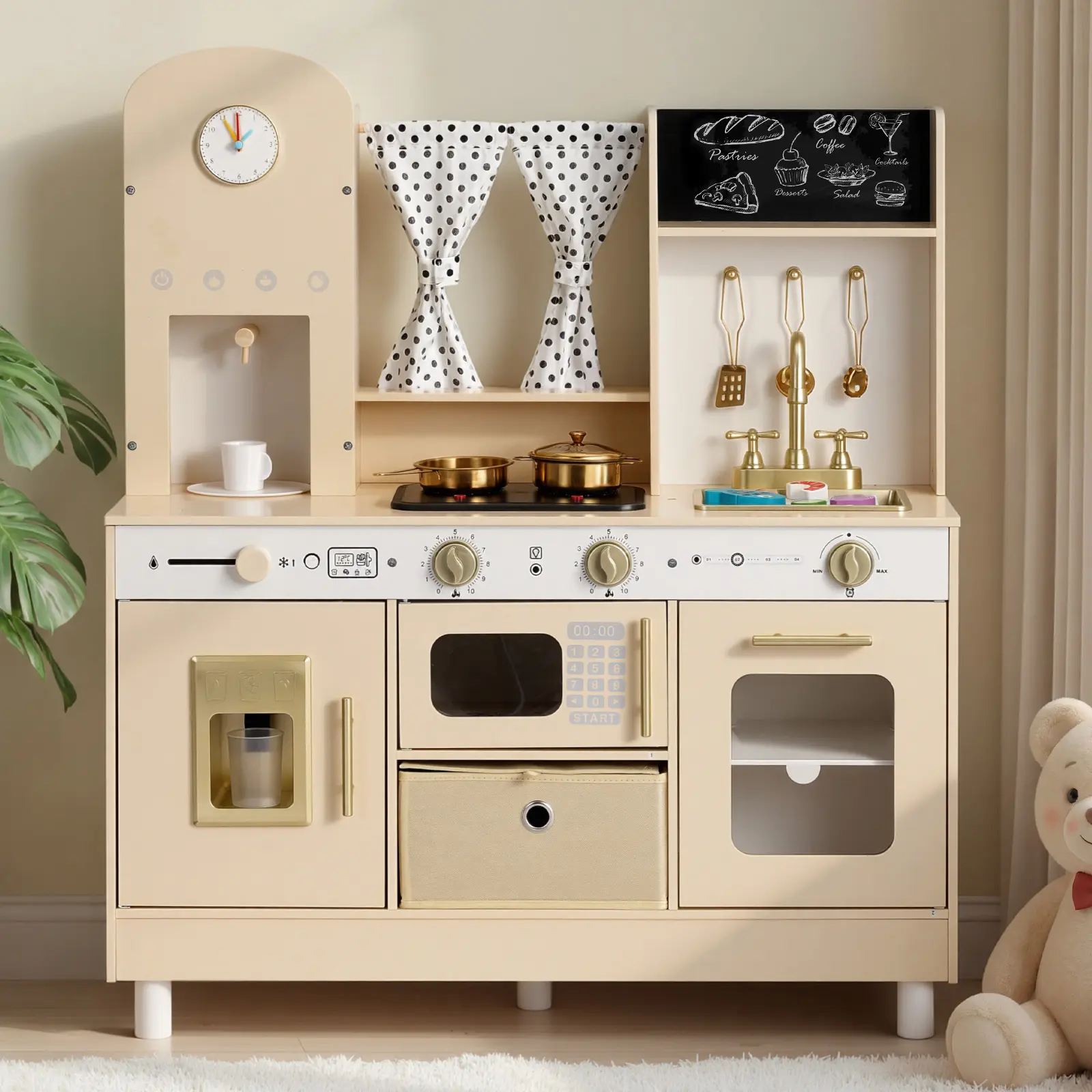 【SummerFinds】VEVOR Wooden Kids Play Kitchen Playset, Modern Pretend Play Toy with Realistic Lights & Sounds, Ice Maker, Microwave, Food & Cookware for Toddlers Ages 3-8, Light Sound, Child-Safe Kitchen Playsets, Nontoxic Kitchen Playsets