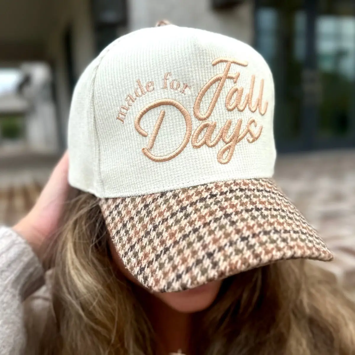 Cotton Blend Gingham Corduroy Plaid Brim Baseball Cap for Women - Adjustable Snapback, Embroidered Slogan, Female Fit, Elastic Casual Fall Everyday Accessory