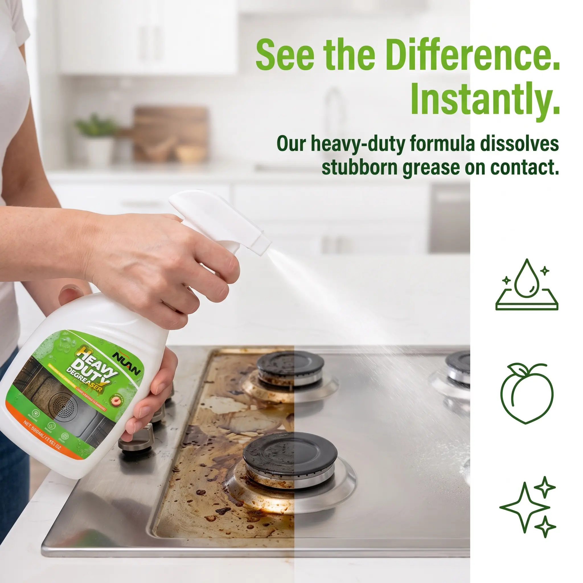 NUAN Heavy Duty Degreaser | Kitchen Grease Cleaner Spray for Stove Tops, Range Hoods & Camping. Removes Grease Stains Fast. Home & Dorm Essentials.