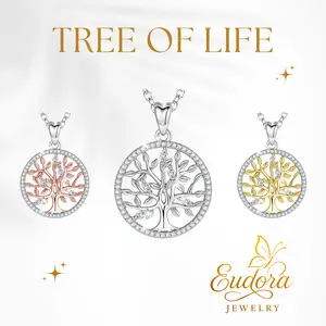 Eudora S925 Sliver Sparkling Tree of Life Necklace for Women, Family Tree Pendant with Marquise Cut CZ, Silver, Gold & Rose Gold-Tone, Spiritual Jewelry Gift for Mom