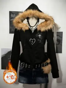 Women's Fall Winter Fashion Casual Vintage Cross Print Long Sleeve Fleece Hooded Pocket Jacket, Perfect Gift for Mom and Friends
