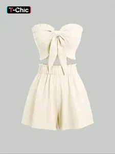 Two-Piece Set Women's Basic Sleeveless Solid Color Crop Tube Top & Elastic Waist Shorts Set, Casual Fashion Cozy Outfits for Daily Outdoor Wear, Ladies Clothes for Summer, Womenswear