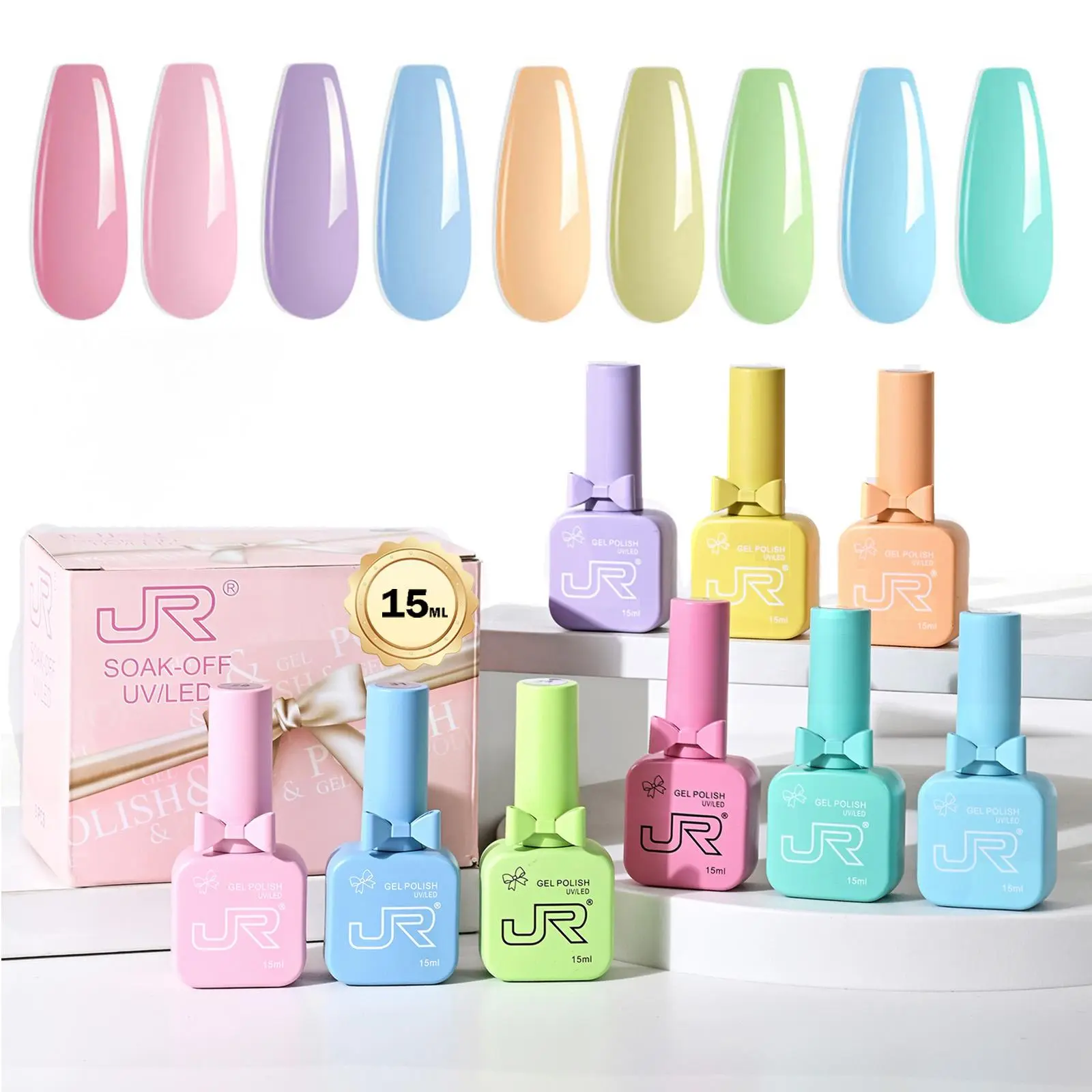 JR HEMA-Free Gel Nail Polish Set, 9 x 15ml Hypoallergenic Soak Off Colors for a Flawless Salon Manicure - Summer Macaron UV LED Cosmetic, Aesthetic, Diy Nails At Home, Glossy Nails