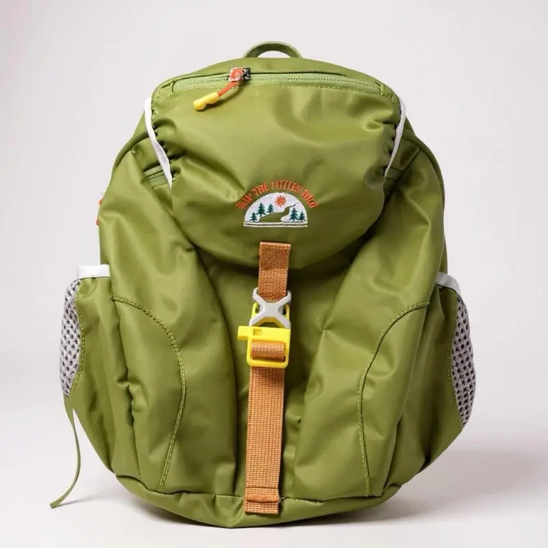 Toddler/youth hiking backpacks in green, dark blue, and light blue. Fits a water bladder. Fits ages 2-7