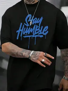 "Stay Humble" Drip Graphic, Casual Letters Print, Oversized Polyester T-Shirt for Men, TikTok Trendy Streetwear Top, Bold Royal Blue Design, Breathable Polyester Fabric, Loose Fit Perfect for Daily Outfits, Urban Street Style & Casual Wear