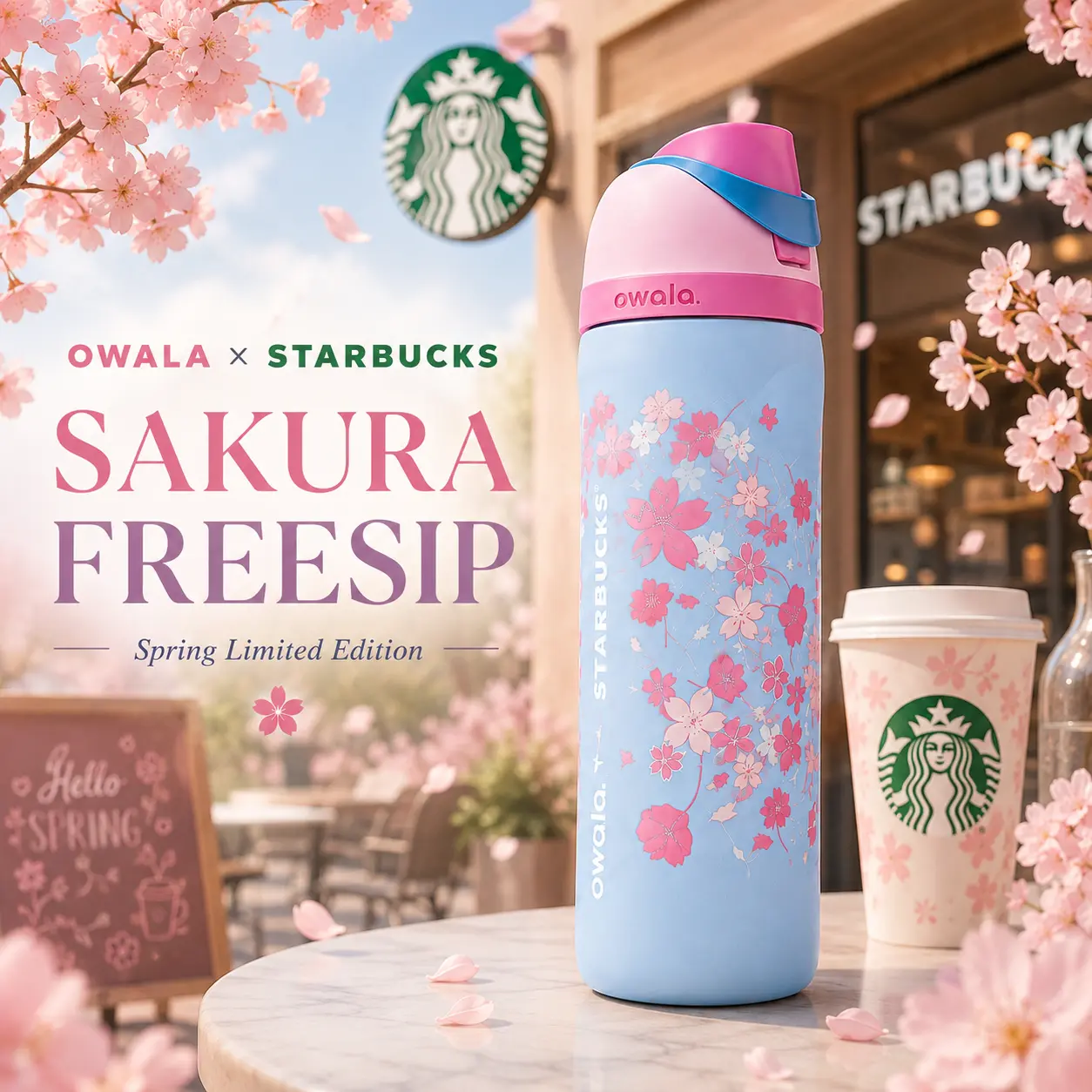 Owala x Starbucks Sakura FreeSip 24 oz Insulated Stainless Steel Water Bottle with Built-In Straw, Spring Limited Edition Cherry Blossom Design