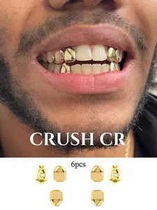 CRUSH CR 6pcs 18K Gold/Silver Plated Plain Cutout Grillz Set for Men Women, Removable Teeth Caps, Tarnish Resistant, Perfect for Hip Hop, Raves, Halloween Cosplay and Streetwear Styling