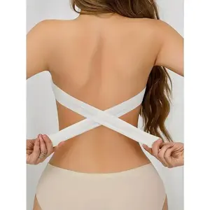 Wireless Boob Tube Top with Side Buckles, Sexy Strapless Nylon Knitted Fabric-Removable Padding, Cross Shoulder Strap Details, Solid Color Stretch Tube Top for Adults-Nylon 75%, Spandex 25%Gift（gift）