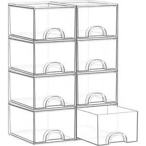 8 Pack Small Clear Stackable Acrylic Storage Boxes for Art Tool & Sketch, Storage Drawers, Storage Organizer, Clear Plastic Makeup Organizer, Ideal for Vanity, Cabinet, Desk Organization