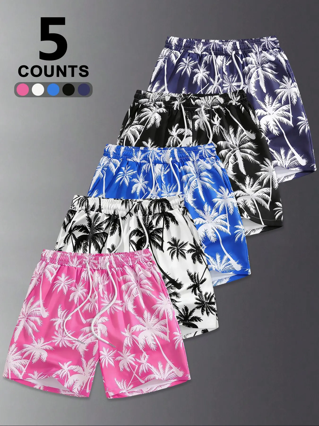 Men's Random Palm Tree Print Boxer Brief Swim Shorts, Regular Fit Casual Comfy Breathable Swim Shorts for Summer, Men's Swimwear for Beach Vacation