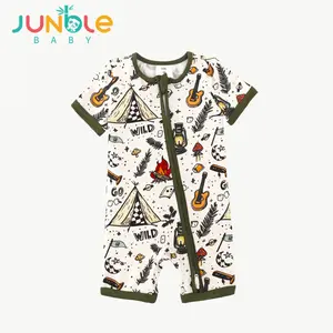 JUNBLEBABY Unisex Minimalist Bamboo Fiber "Go Wild" Camping Romper for Boys, Girls - Toddler Summer Bodysuit with Front Zipper for Easy Changes, Adventure-Ready Outfit