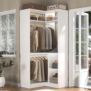 Upgrated Corner Closet System with Shelves, 34’’ Walk-in Closet Organizer System with 2 Hanging Rods, Freestanding Corner Tower, L Shaped Garment Rack
