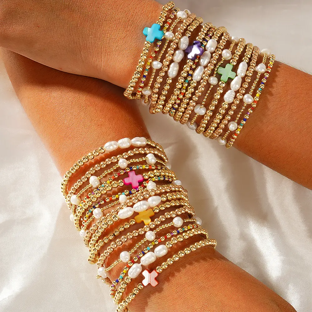 Shinus Boho Gold Plated Pearl Beaded Cross Bracelets Stack Set for Women Stretch Boho Colorful Christian Beads Jewelry Friendship Trendy Gift for her, String Of Pearls, Pearls Beaded Anklets Adjustable Anklet