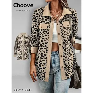 Women’s leopard-print corduroy jacket with a front button closure and shoulder ties, autumn–winter casual long-sleeve collared outerwear, women’s everyday wear, casual fashion outerwear GARMENTARY