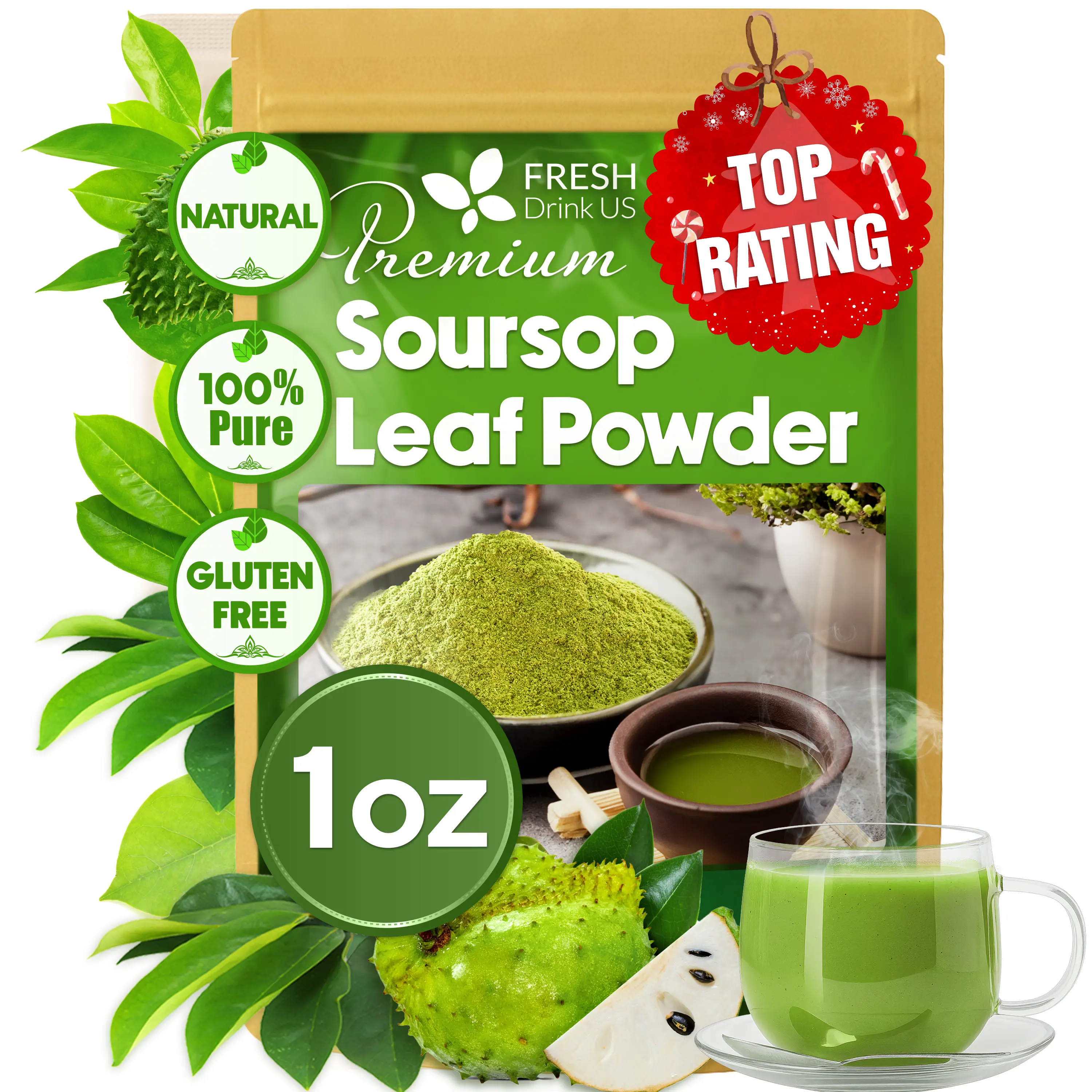 FRESHDRINKUS, Premium 1oz Soursop Leaf Powder, 100% Natural & Pure from Soursop Leaves, Wildcrafted, Graviola Powder, Hoja Guanabana, No Sugar, No Gluten, Vegan