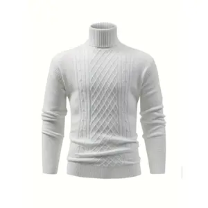Casual Textured Men's Long Sleeve Turtleneck Stretch Knitted Pullover Sweater, Fall Winter Tops Cardigan Knitwear Black Beige Fabric Menswear