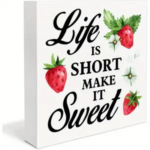 Summer Strawberry Decor Positive Life Is Short Make It Sweet Wood Box Sign Decorative Plaque Strawberry Wooden Block Sign Home Decorations 5x5 inch Office Home Decor