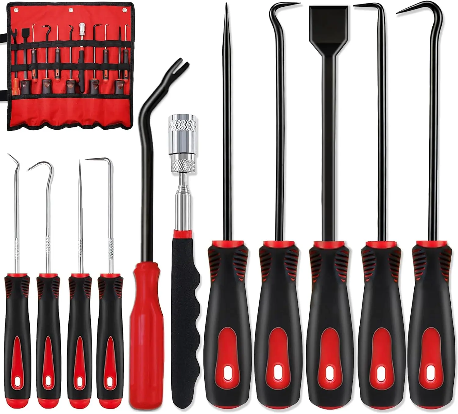 11Pcs Carbon Steel Precision Pick & Hook Set With Scraper and Magnetic Telescoping Tool Kit For Remove Automotive Electronics Maintenance Hoses Gasket Hand Pick Up Tools