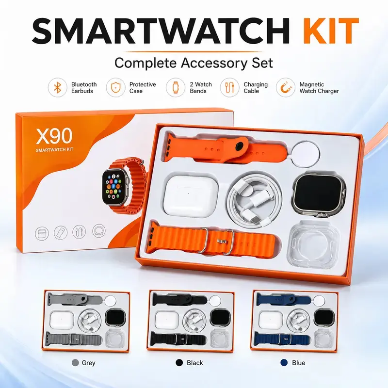 Smartwatch & Bluetooth Earbuds Combo Kit, Type-C Cable, Audio Support – Compact All-in-One Bundle for Sports & Daily Wear, Gift for Men Women Teens, Compatible with iPhone Android