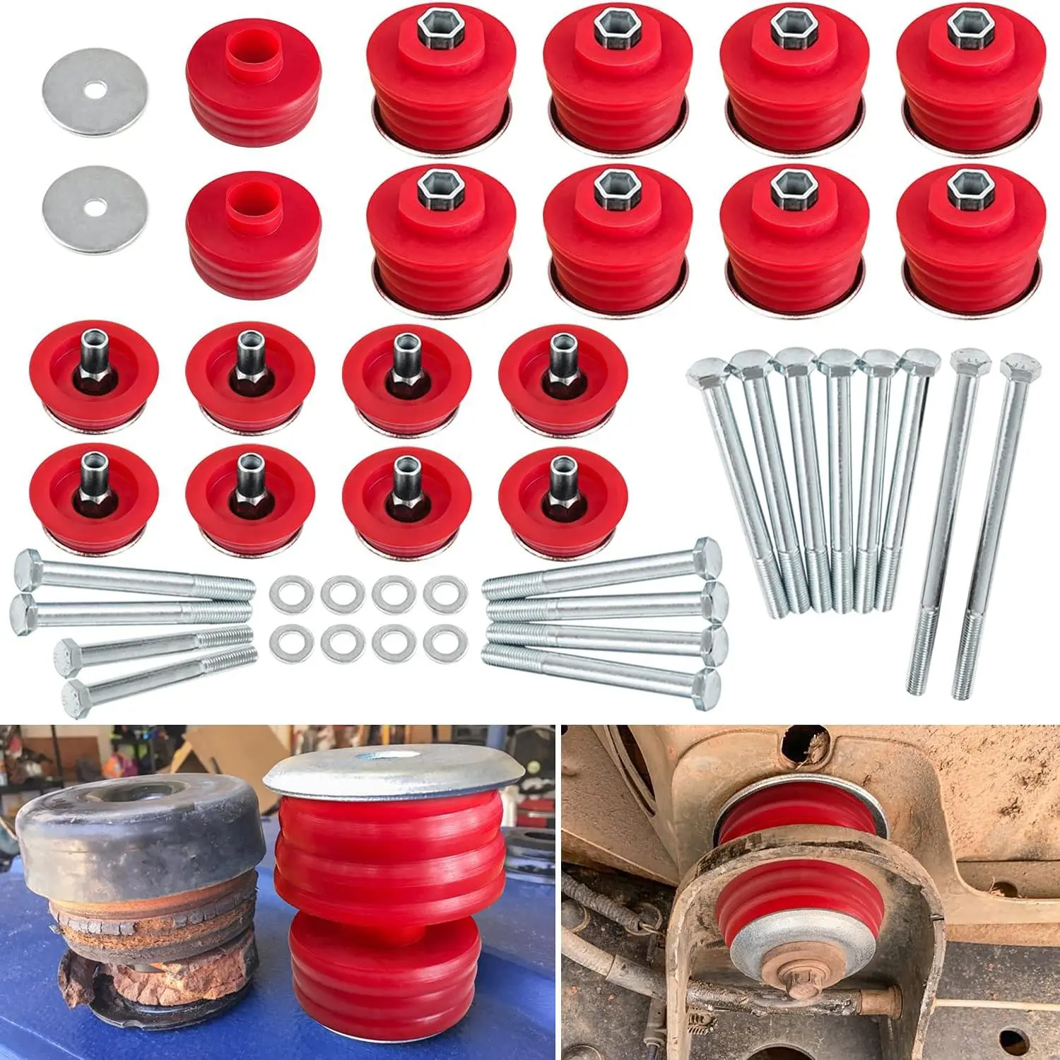 KF04060BK High-Density PU Automotive Replacement Body Mount Bushing Kit for Ford F250/F350 Super Duty Platinum/Lariat 2008-2016 2WD/4WD, Car Accessory with Polyurethane Cab Mounts, Steel Sleeves, Hardware (Red), Frame Alignment Compatible, Oem Fitment, Ki