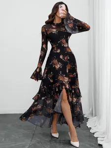 Women's Elegant Gothic Vintage Mesh Patchwork Slit Floral Print Long Sleeve Fitted Chic Dress, Stylish Retro Fashion, Perfect for Special Occasions, Elegant Ruffle Hem, Floral Printed Dress