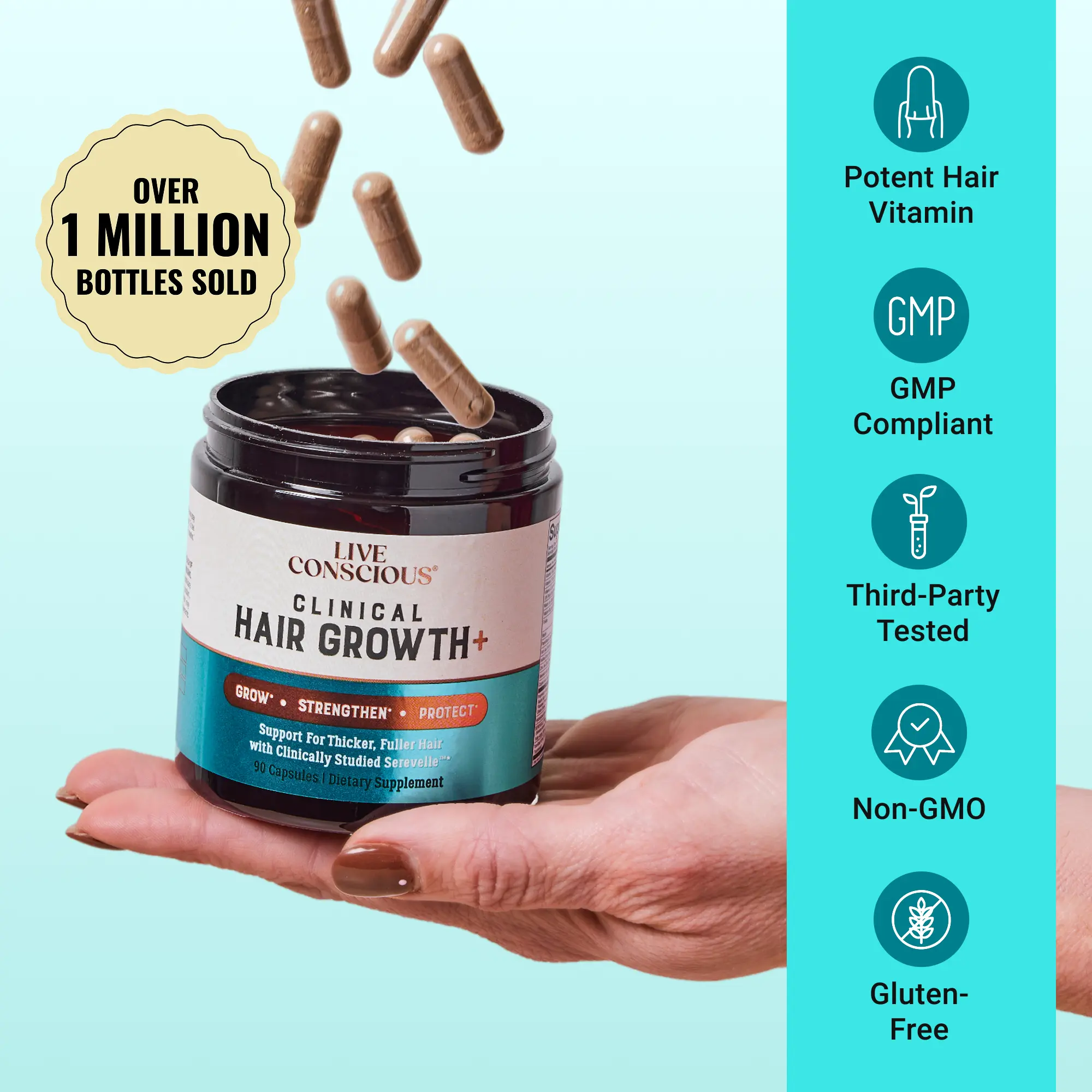 Live Conscious Clinical Hair Growth+ - 3 in 1 Hair Multivitamin Formula Treatment - Clinically Studied Ingredients - Men & Women Hair Growth Supplement Capsules - Collagen, Biotin, Serevelle & TocoGaia