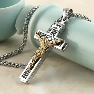 Catholic Jesus Christ on INRI Cross Crucifix Gold Silver Tone Stainless Steel Pendant Necklace 22+2 Chian Handmade Stainless Steel Cross Pendant special version