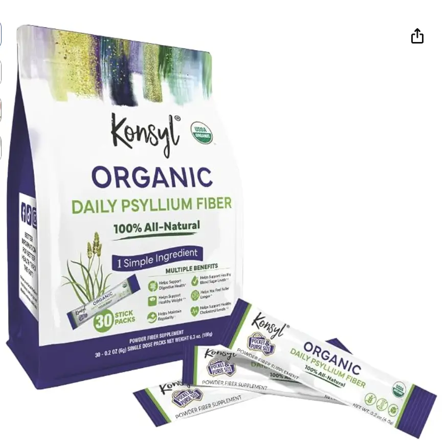 Konsyl USDA Organic Psyllium Husk Powder - 5g Sticks, 30 Pack - Natural Unflavored Soluble Dietary Fiber Supplement - Fiber Prebiotic for Digestive Support and Gut Health - Sugar Free, Keto & Vegan campingessentials