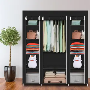 69-in Non-Woven Fabric Space Saving Wardrobe Storage Unit, Sturdy Dustproof Easy-Setup Clothes Closet Armoire for Small Home Closet Organization & Organizer Storage (Black)