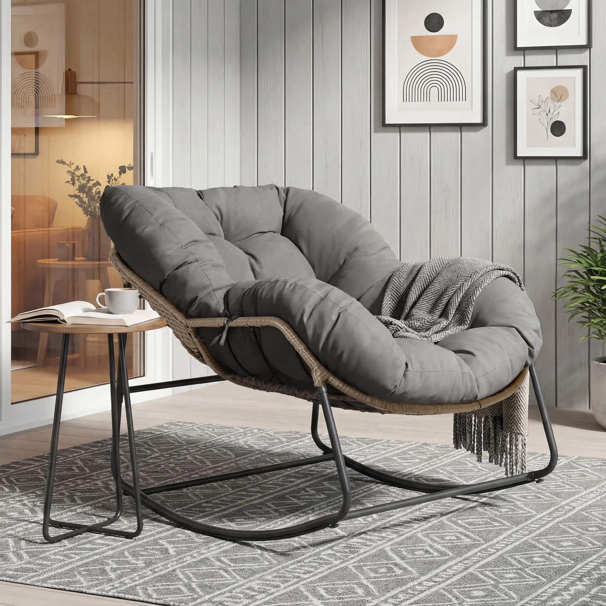 RIWENGO Outdoor Rocking Chair, Oversized Wicker Lounge Chair with Cushion and Metal Frame, 450lbs Weight Capacity,Patio Rattan Egg Rocker for Balcony Backyard Porch Bedroom