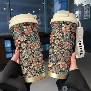 18.92Oz Artistic Floral Insulated Coffee Mug with Straw - Portable Travel Mug, suitable for both hot and cold drinks, leak-proof insulated cup, suitable for office use, perfect gift for Valentine's Day and birthdays, coffee mug, simple style, durable