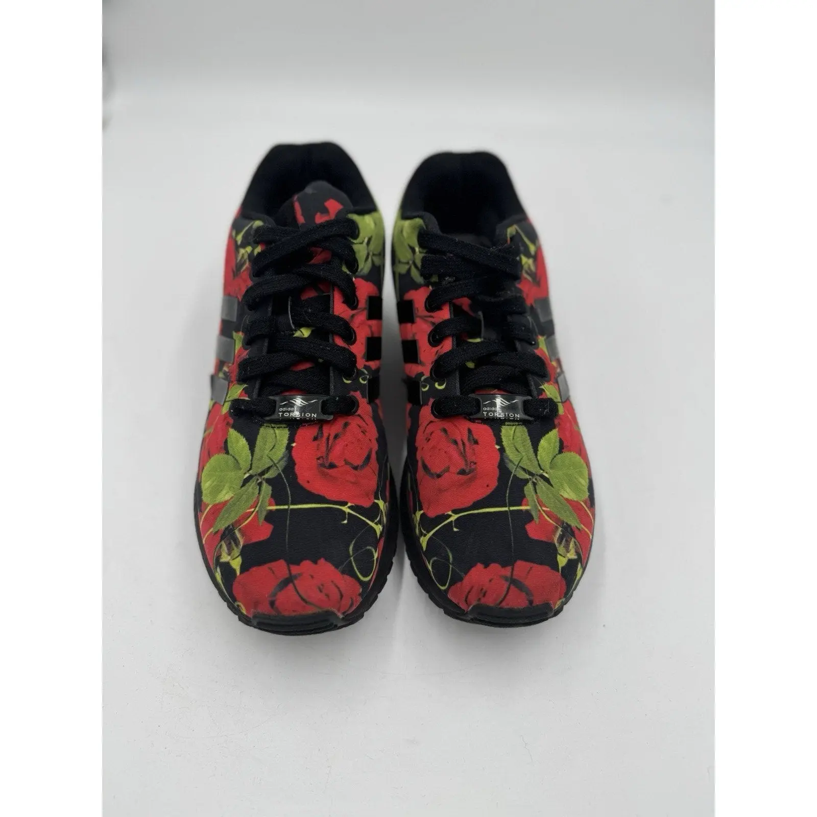 Pre-Owned Women's adidas ZX Flux Sneakers - U.S. Size 8, Black Base, Red Roses Accents, Trendy Comfortable Casual Footwear