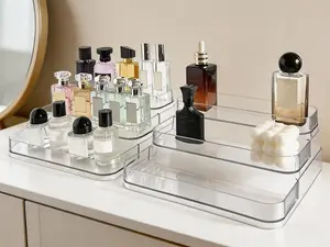 2-pack three-tier clear organizer shelves. Sturdy rack for perfumes, lotions and skincare essentials, also great for spices, vitamins and medicine bottles. Fits countertops and cabinets in kitchens and bathrooms.