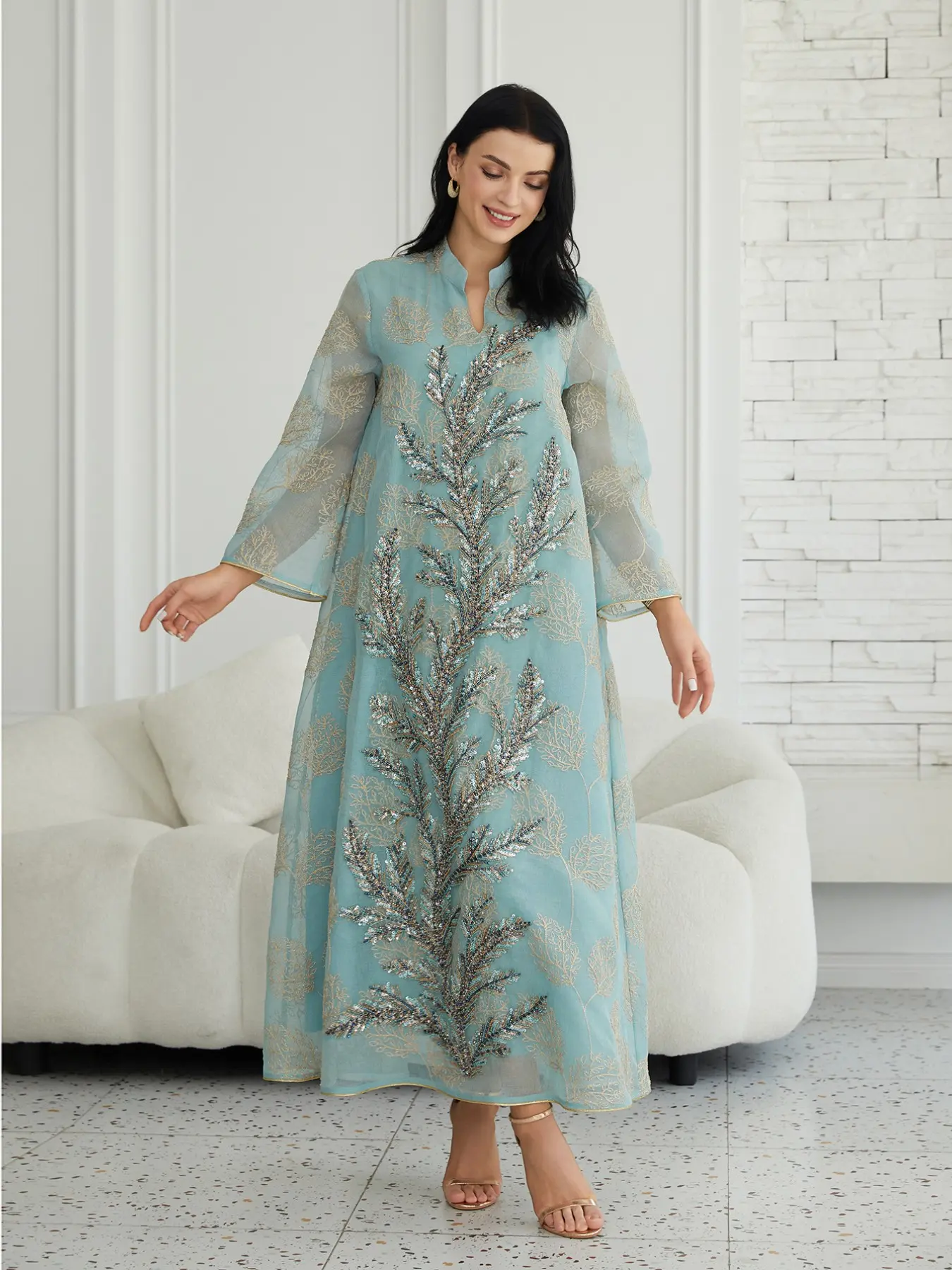 Middle Eastern Women's Traditional Style Elegant Sequined Mesh Dress Ethnic Print Kaftan Robe, Fashionable Long Gown for Special Occasions, Ethnic Pattern Kaftan, Kaftan Dresses