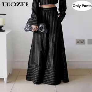 UOOZEE Women's 2025 New Autumn Lady Wide-Leg Striped Long Suit Pants - Small Waist, Pockets, Casual Loose-Fitting Bottoms for Office, Daily Outfit (Check Size Guide: Smaller Waist Fit, Order 1 Size Larger)