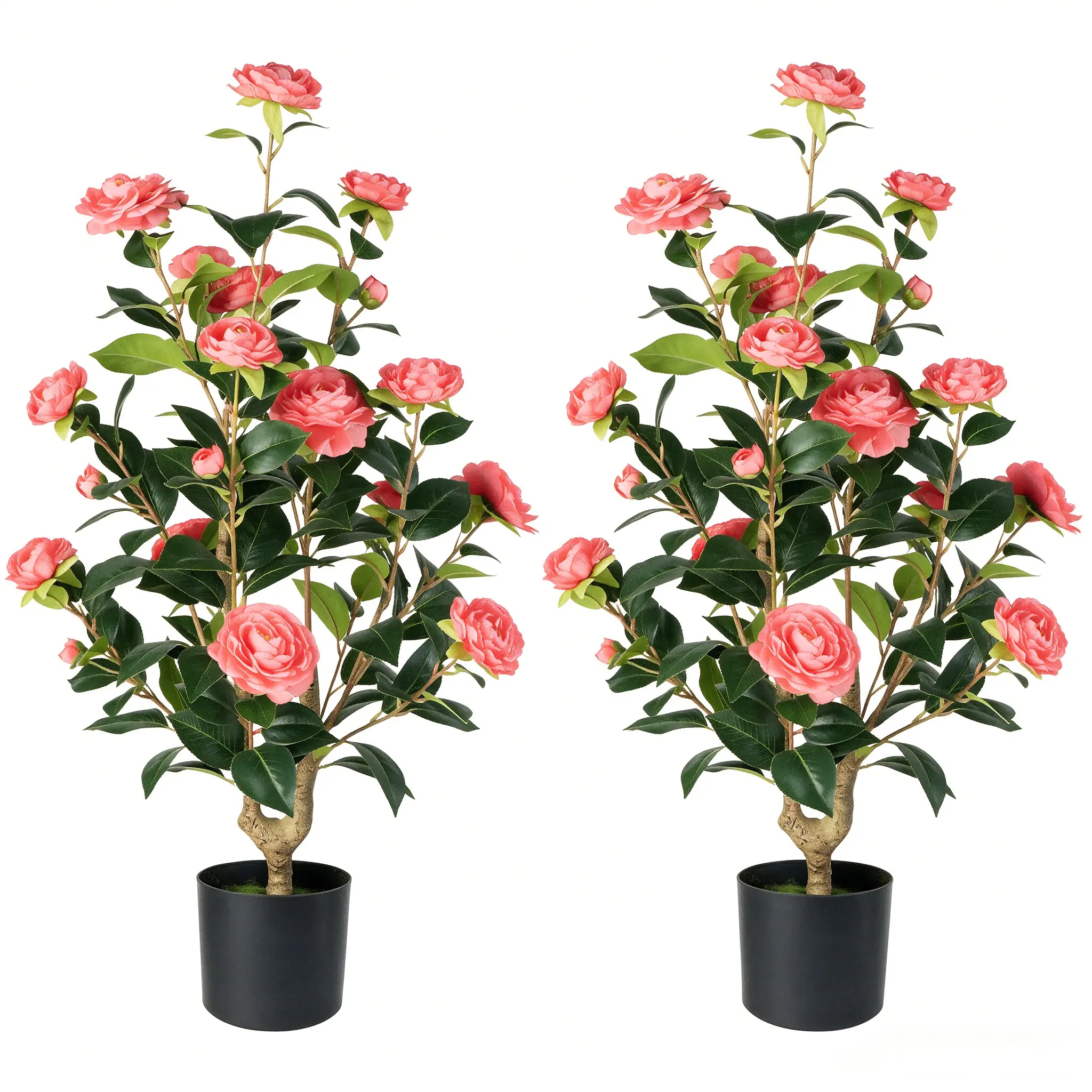 36 in Decorative Plastic Camellia Tree 2-Pack, Pink Floral Faux Shrubs with Black Planter, UV-Weather Resistant Non-Fading Fake Plants, Indoor-Outdoor Decor, Ideal Housewarming Gift (Comes in Box), Artificial Flowers Set, Uv Resistant
