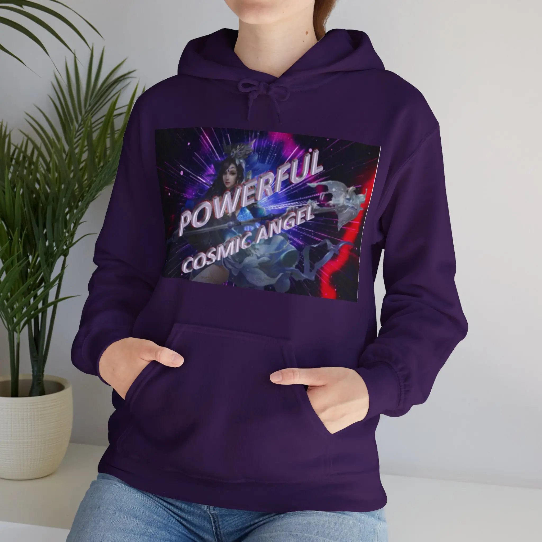 Celestial Themed Cosmic Angel Hoodie - Heavy Blend with Graphic Print and Front Pocket