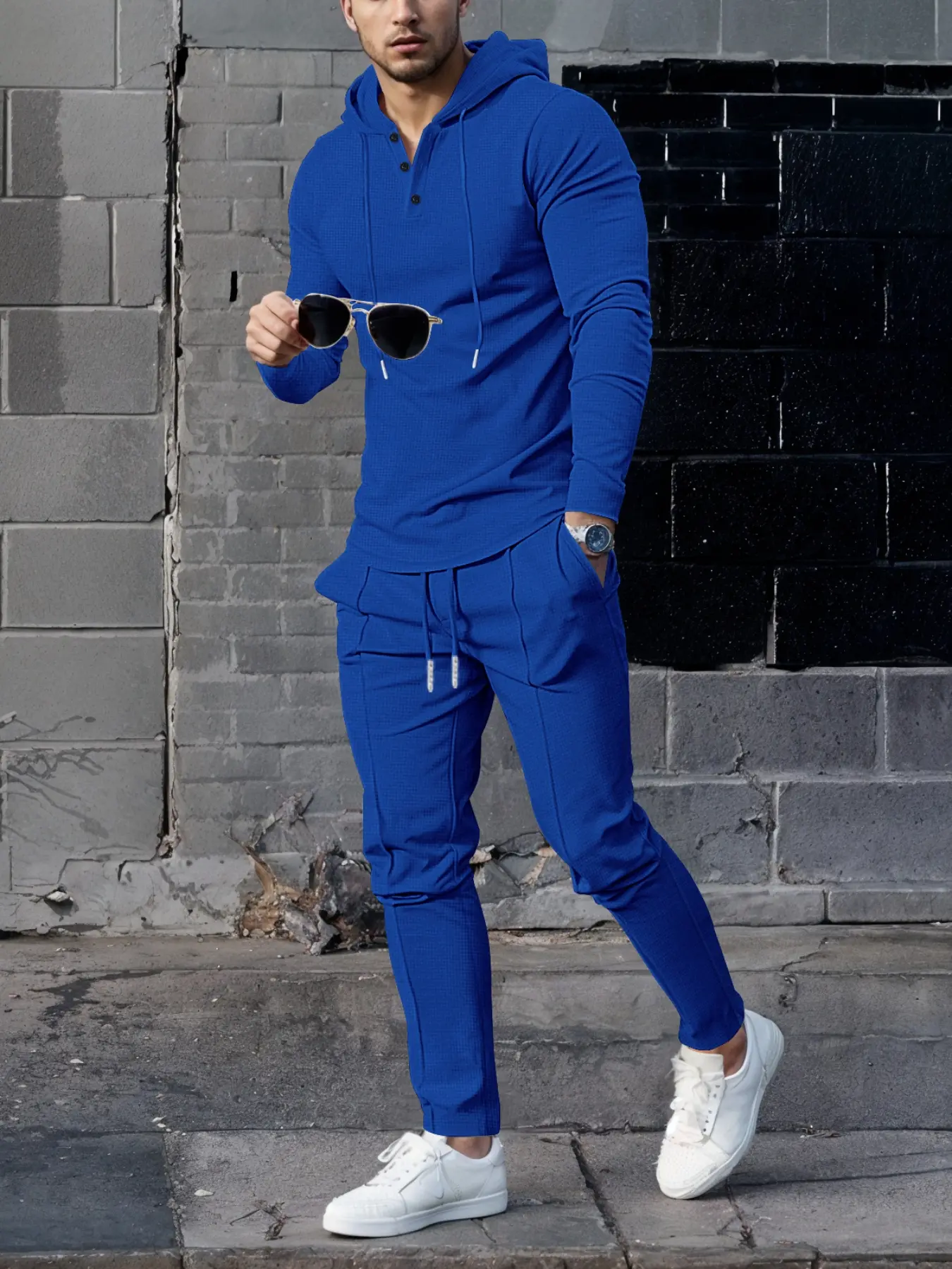 Men's Spring Fall Long Sleeve Pants Hooded Casual Set, Waffle Fabric, Soft Comfortable Breathable, Multifunctional Single Color Design, Casual Suit Set