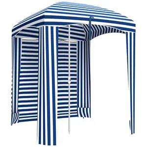 Outsunny 5.9' x 5.9' Portable Beach Umbrella with Sandbags, Ruffled Outdoor Cabana with Walls and Vents, Carry Bag, Blue & White Stripe