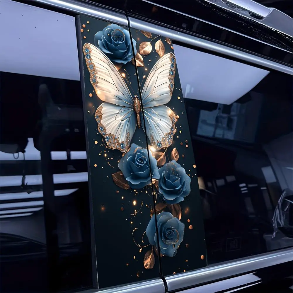 Butterfly & Rose Pattern Car Sticker, Self-adhesive Car B-pillar Sticker, Car Exterior Decorative Sticker for Car, SUV, Mpv, Sticker for cars, Computer Refrigerator Decor, Multipurpose Car Decal, Universal Car Sticker, Car Vehicle Decoration