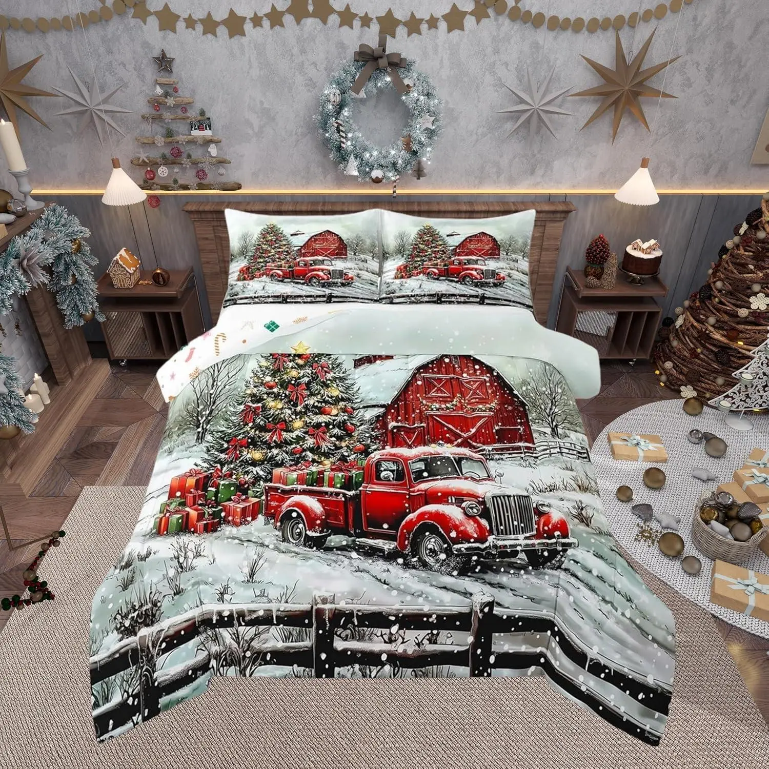 Red Car Comforter Set,Christmas Tree Bedding Set for Kids Girls Boys,Teens Adults Snow Scene Comforter,Bow and Bell Quilted Duvet Set,Bedroom Collection